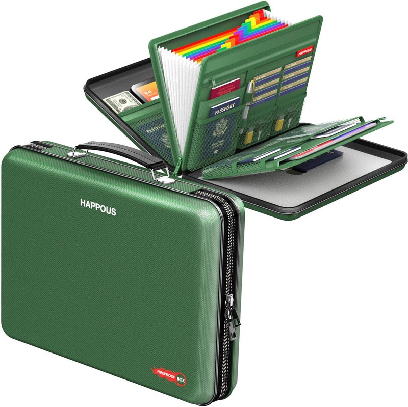 HAPPOUS Fireproof Document Box, Expanding File Organizer with 13 Pockets, Portable Fireproof File Box Hard-Shell Document Organizer Storage for Documents Laptop Passports Cards Green - Image 1